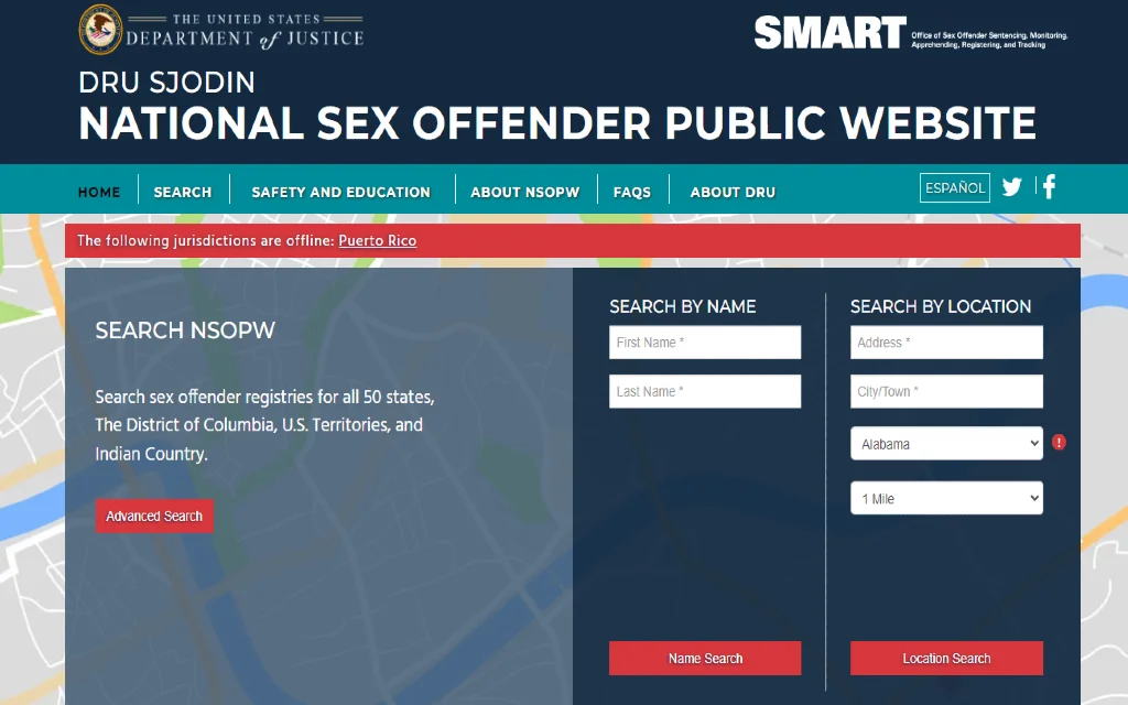 A screenshot from the United States Department of Justice National Sex Offender Public website showing a sex offender search that can be searched by name or location criteria with a red name search and location search at the bottom.