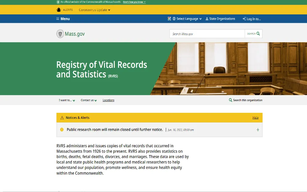The registry of vital records and statistics in Massachusetts where marriage, divorce, death and birth records can be obtained. 