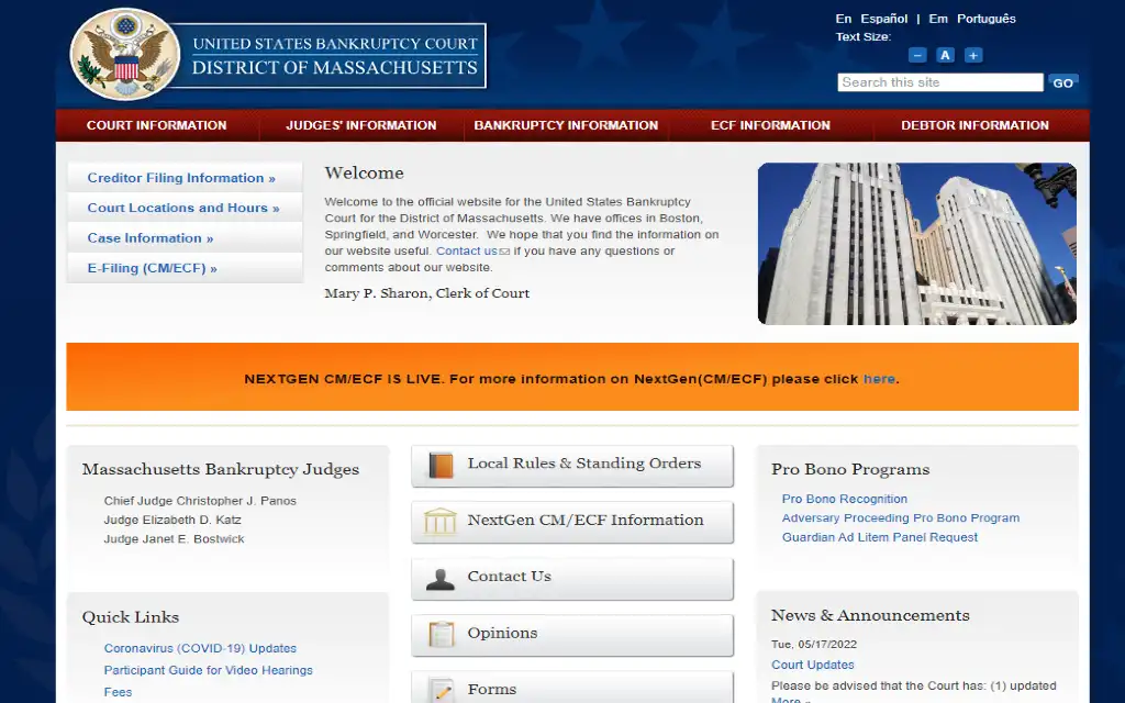 The bankruptcy court website for the District of Massachusetts showing bankruptcy records across the state can be searched there. 