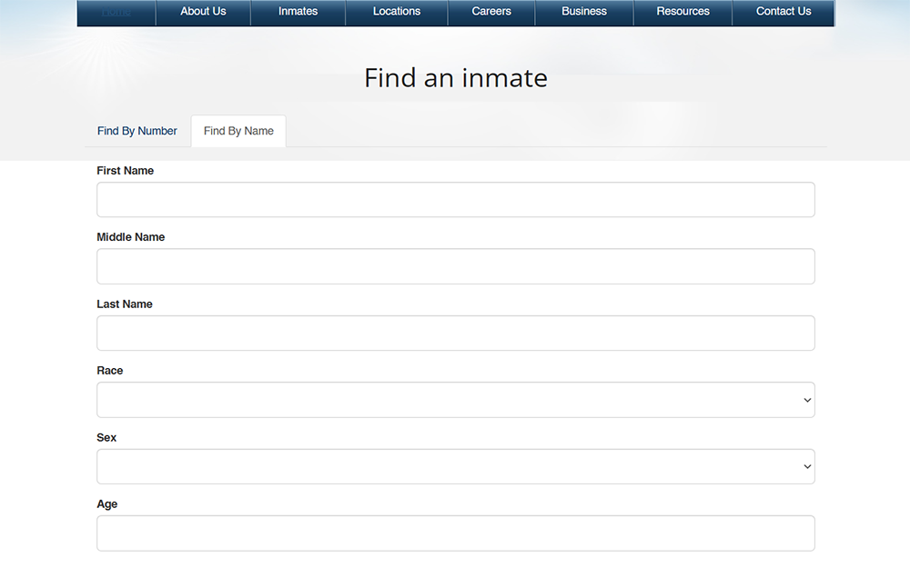 A screenshot from federal bureau of prisons website's find federal inmates by name page showing an empty find by name search form.