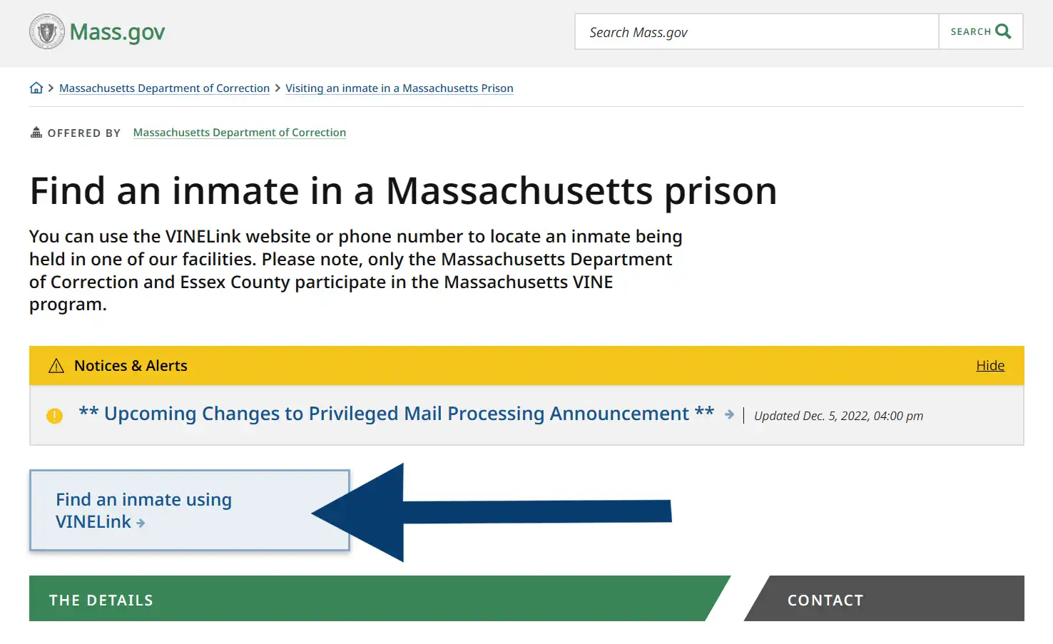 A screenshot from the official website of the commonwealth of Massachusetts' find an inmate in a Massachusetts prison page showing an arrow pointing at the find an inmate using vinelink button.