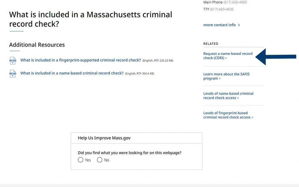 A screenshot from the official website of the commonwealth of Massachusetts' criminal records check page with an arrow pointing at the request a name-based record check link.