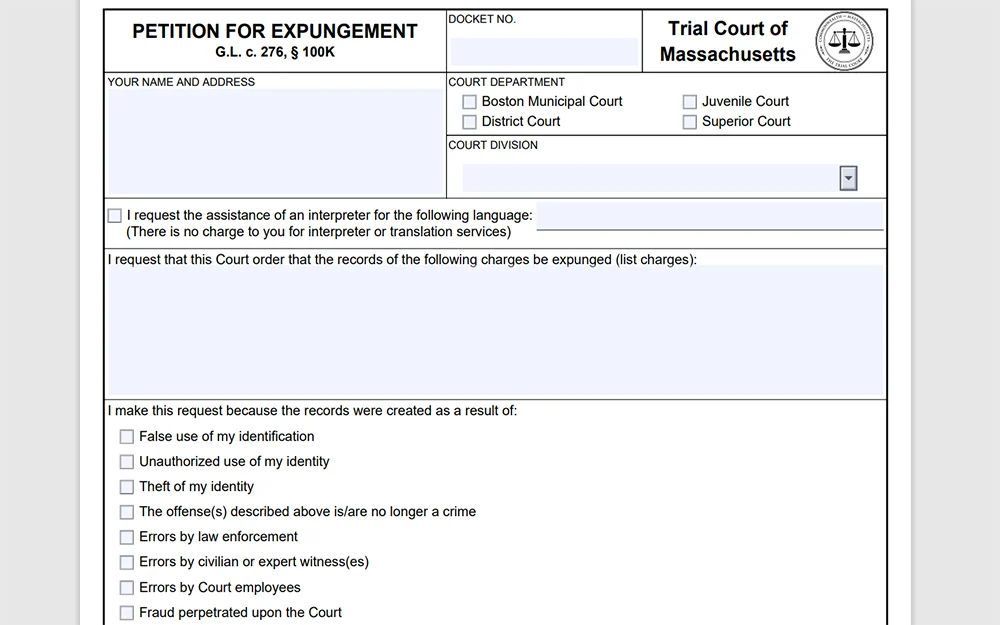 A screenshot of an empty form of a Massachusetts non-time-based petition for expungement.