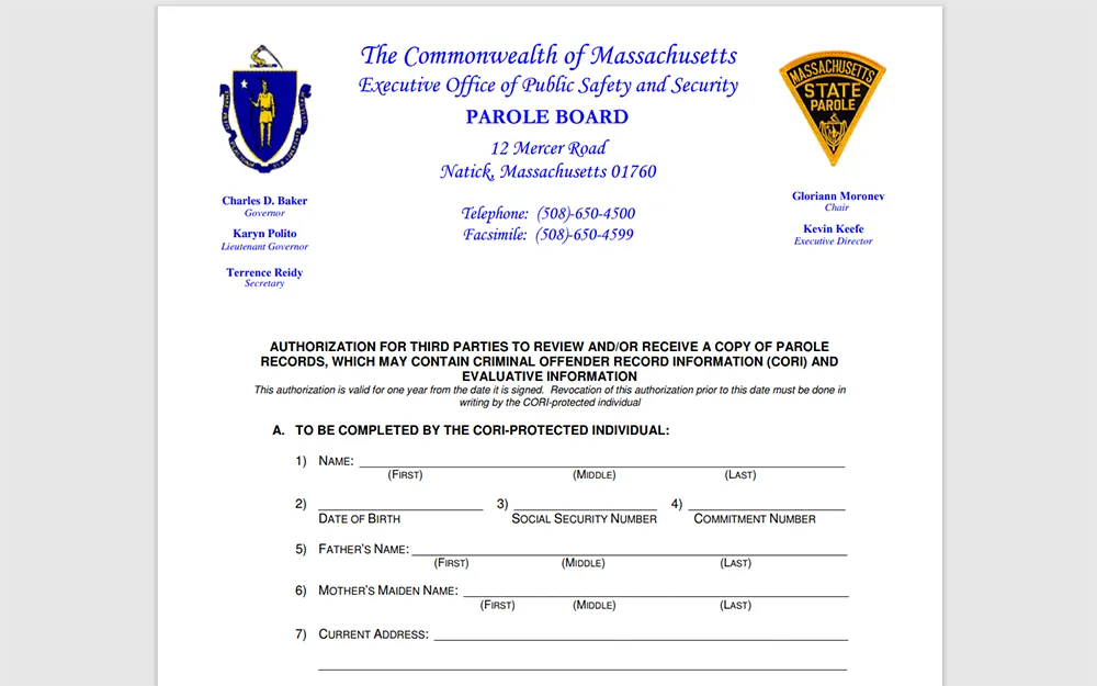 A screenshot of the commonwealth of Massachusetts parole board third party authorization release form.