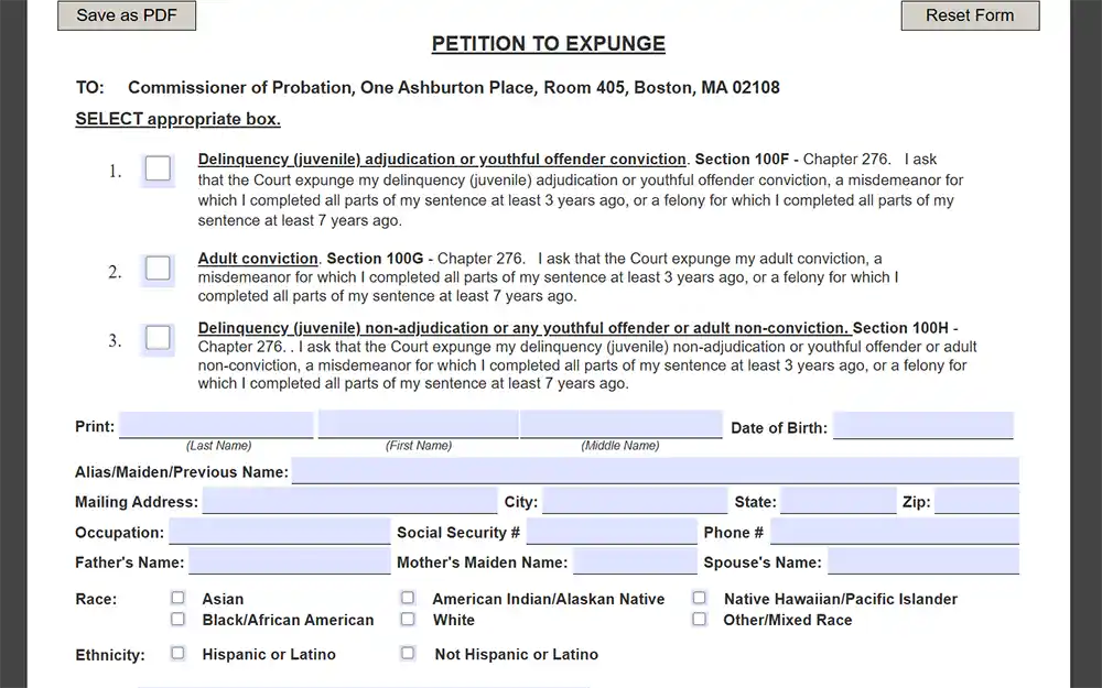 Free Massachusetts Criminal Arrest Record Look Up For Every MA County   Massachusetts Time Based Petition To Expunge Form Screenshot.webp