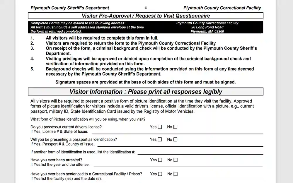 A screenshot of an empty for of Plymouth county visitor pre-approval request.