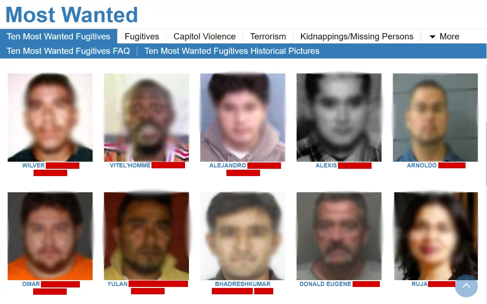 A screenshot displaying photo previews of the official FBI ten most wanted fugitives' historical pictures, the official list that is maintained on the Federal Bureau of Investigation website.
