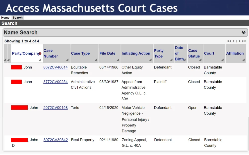 A screenshot showing search results by name displaying information such as party/company name, case number, case type, file date, initiating action, party type, date of birth, case status, court and affiliation from the Commonwealth of Massachusetts Court System website.