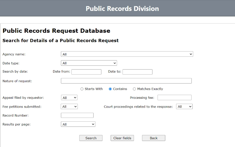 A screenshot showing a public records request database by searching the agency name, date type, date, nature of the request and record number and selecting appeal filed by requestor, fee petitions submitted, and results per page from the Massachusetts Public Records Division website.