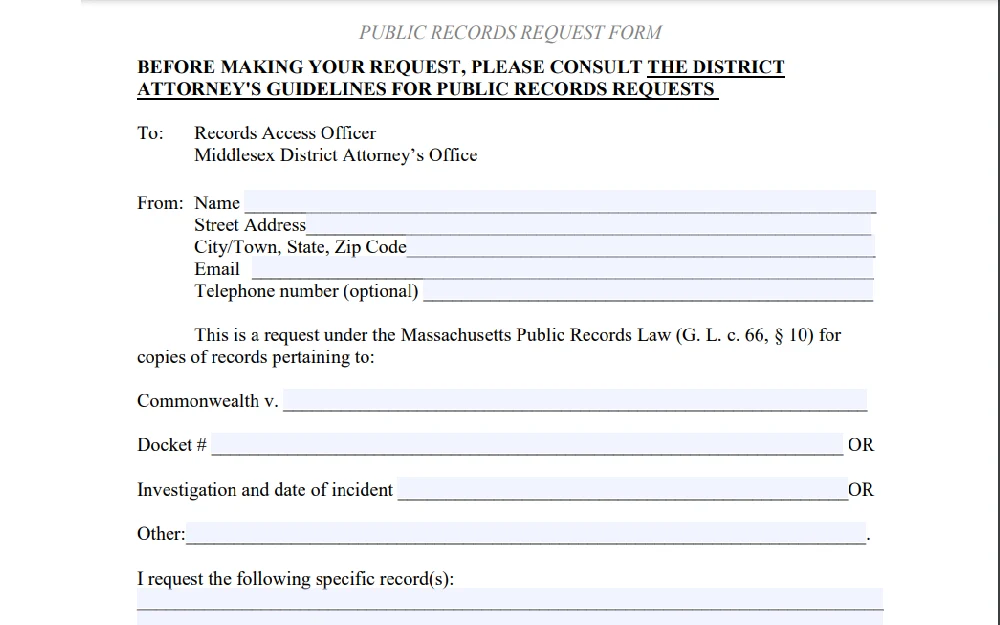 A screenshot displaying a public records request form requires filling out some information such as name, street address, city town, state, zip code, email, telephone number, commonwealth, docket number, investigation, date of incident and other information from the Middlesex County District Attorney’s Office.