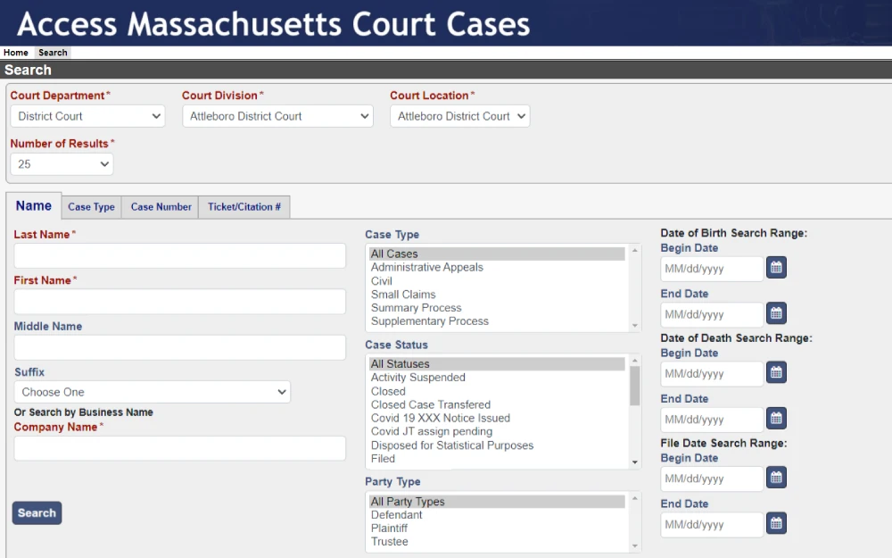 A screenshot showing a search tool for Massachusetts court cases by filtering the court department, division and location, and a number of results and by searching the first, middle, last and company name and selecting the suffix, case type, case status, party type and other information from the dropdown box on the Commonwealth of Massachusetts Court System website.