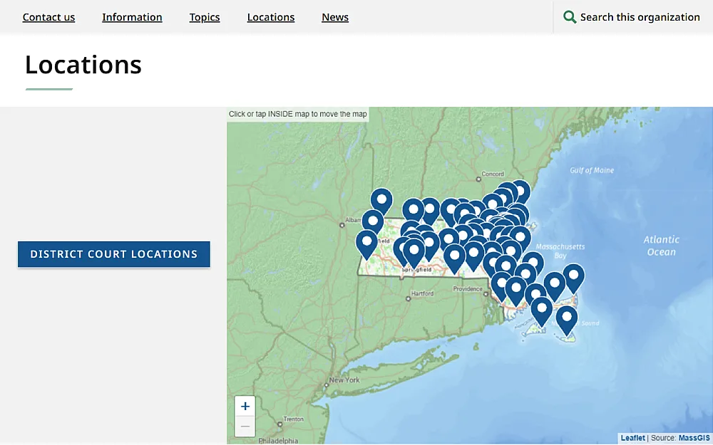 A screenshot showing the a movable visualization map with pins of the district courts from the Commonwealth of Massachusetts website.