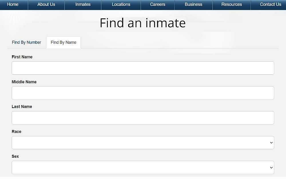 A screenshot displaying a find an inmate search tool by first, middle, and last name, race, sex and others from Federal Bureau of Prisons website.