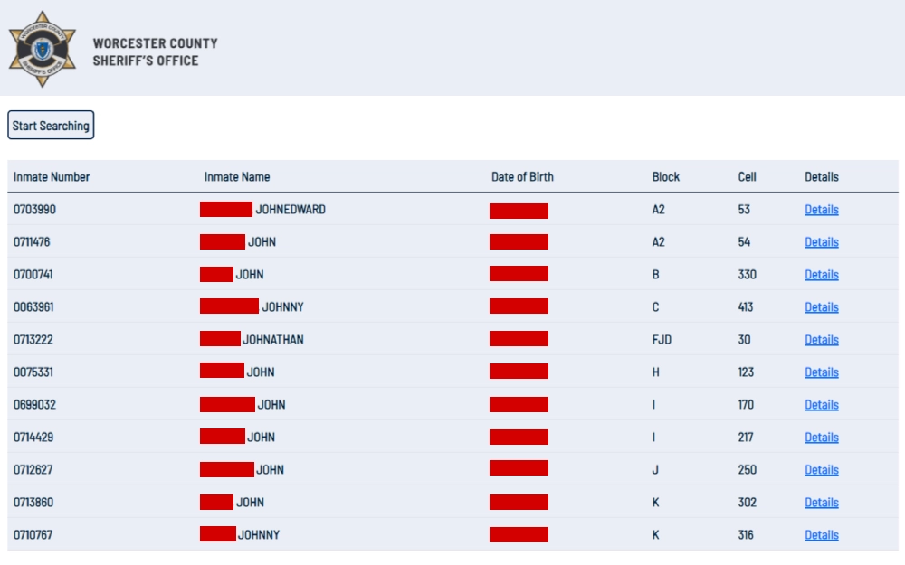 A screenshot showing an inmate search result displaying some information such as inmate number, inmate name, date of birth, block, cell, and details from Worcester County Sheriff's Office website.