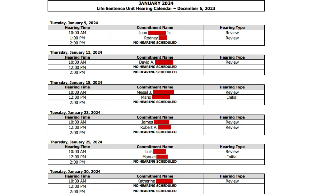 Screenshot of the life sentence hearing calendar for January 2024, listing the date and time, name, and hearing type.