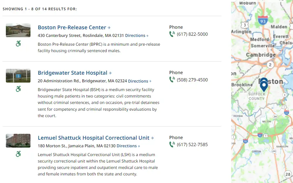 Screenshot of the Department of Correction locations in Massachusetts, showing the institution name, overview, address, and contact number, and displaying a map on the right side.