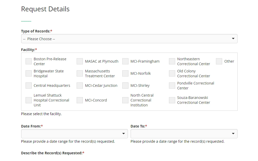 Screenshot of the public records online request form showing a drop down for the record type, check boxes for facilities, and fields for date range and record description.