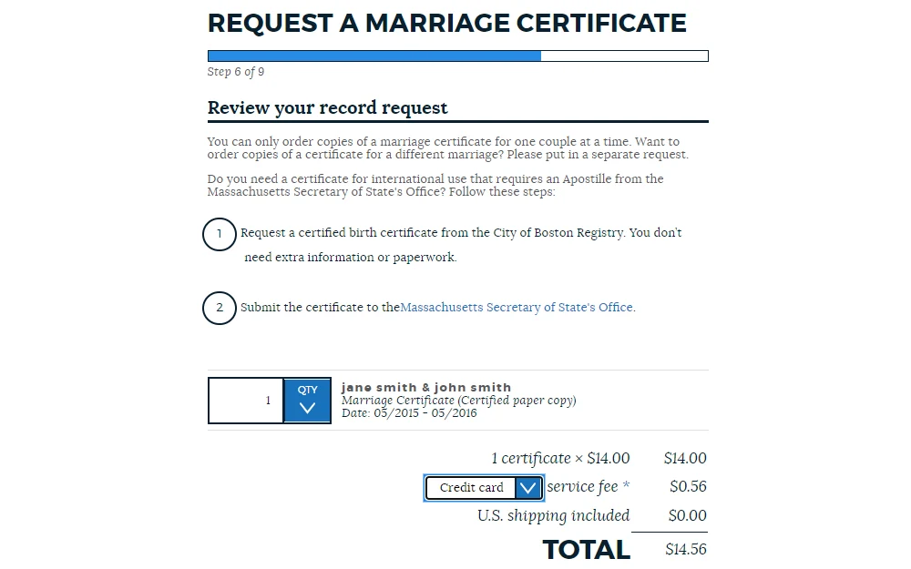 Screenshot of the review page for the request for certificate of marriage displaying the notes and summary of order incuding party names, date range of marriage, and fees.
