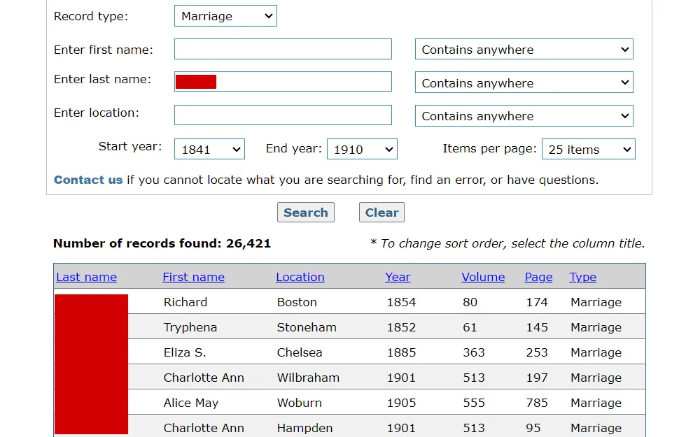 Screenshot of the search results of archived marriage records listing the name, location, year, type of record, and document details.