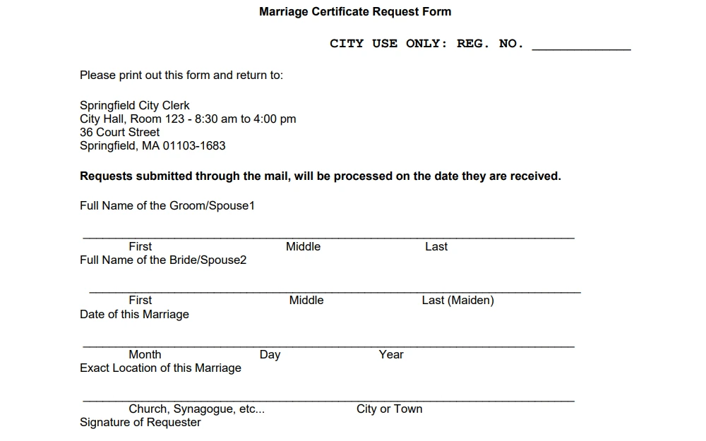 Screenshot of the request form for marriage certificate in Springfield displaying the office address, and with spaces provided for names of both parties, and the date and place of marriage.