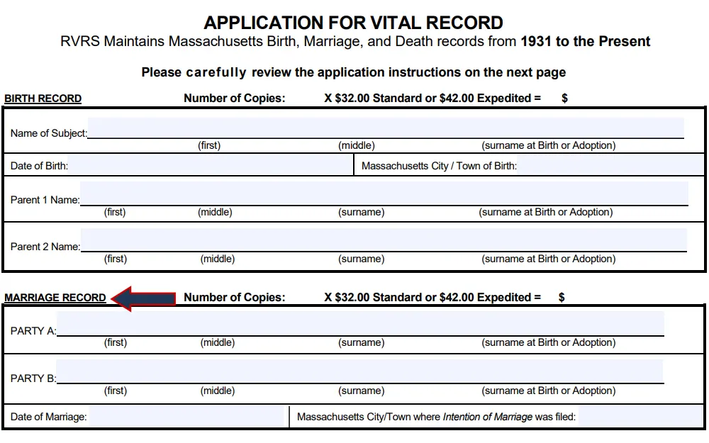 Screenshot of a section of the vital record application form with an arrow emphasizing the marriage record section.