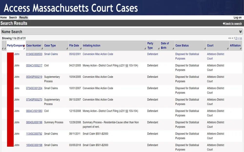 A screenshot from Massachusetts Court Cases displaying a list of legal cases associated with an individual, including case numbers, types, filing dates, and statuses within a specific jurisdiction's court system.