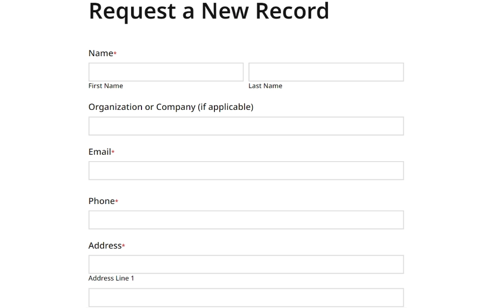 A screenshot from the Massachusetts Parole Board showing a Request a New Record form requiring details such as name, organization or company, email, phone number, and address.