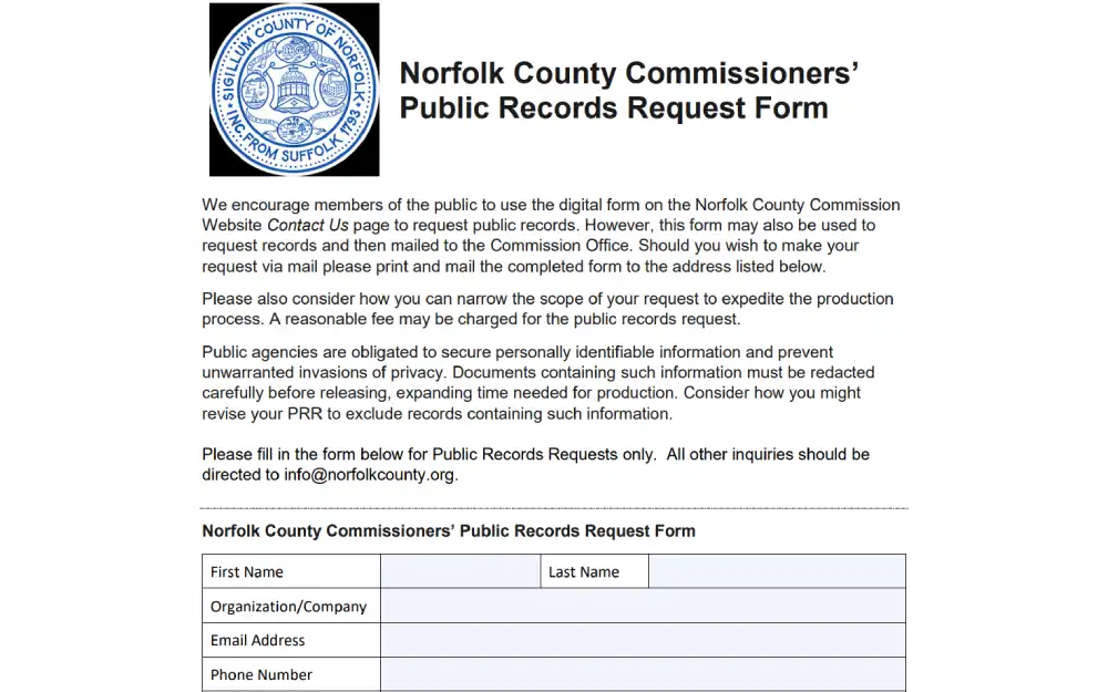 A screenshot from the Norfolk County Commissioner’s Office showing the header with instructions for submitting a public records request, including an email address for inquiries and a partially visible form for personal contact information.