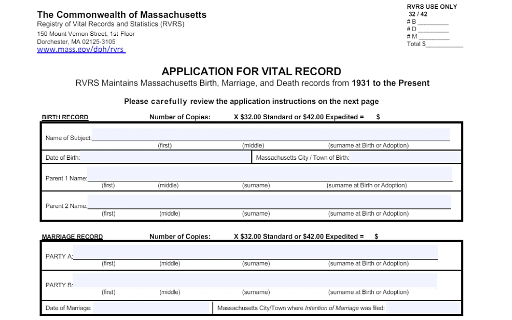 A screenshot of an application for a vital record that requires information about a birth or marriage record from the Commonwealth of Massachusetts website.