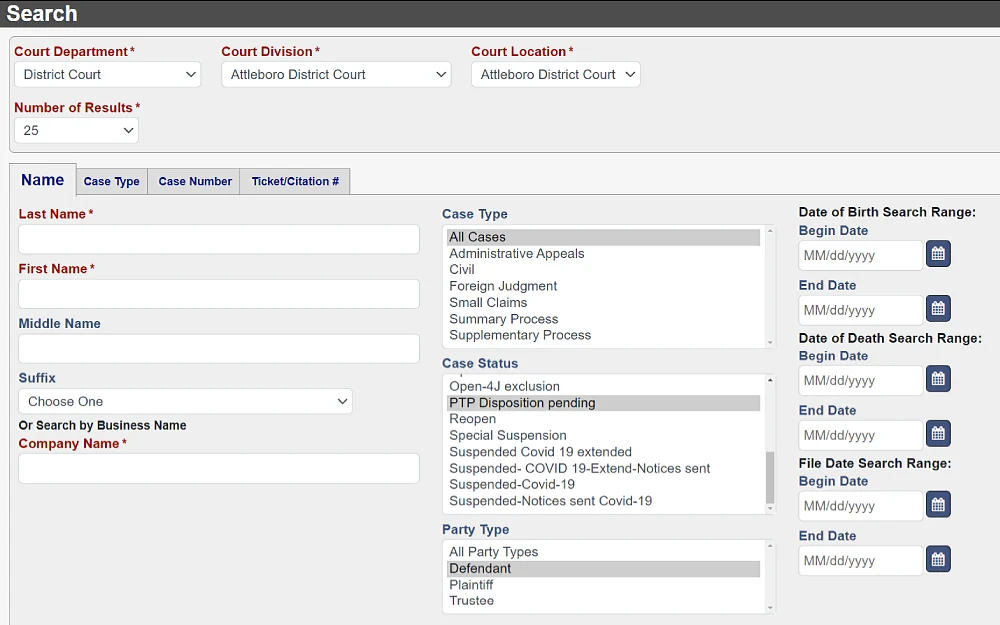 A screenshot shows a case search that can be searched by last, first and middle name, suffix, or company name and displays dropdown box selections for case type, status, and type.