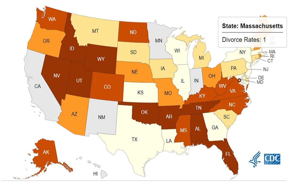 A screenshot displaying different colors of a visual map with different state locations such as Massachusetts, Colorado, California, Hawaii, Idaho, Illinois, Kansas, Nevada and Wyoming from the Centers for Disease and Control Prevention website.