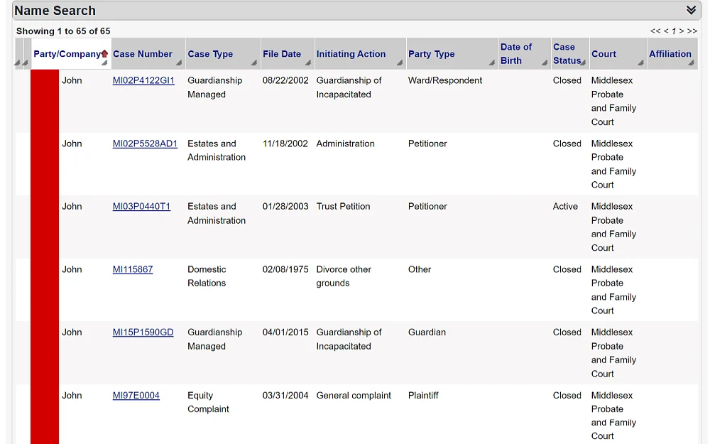 A screenshot showing the name search results displaying the party or company name, case number, type, date filed, initiating action, party type, date of birth, case status, court and affiliation from the Commonwealth of Massachusetts website.