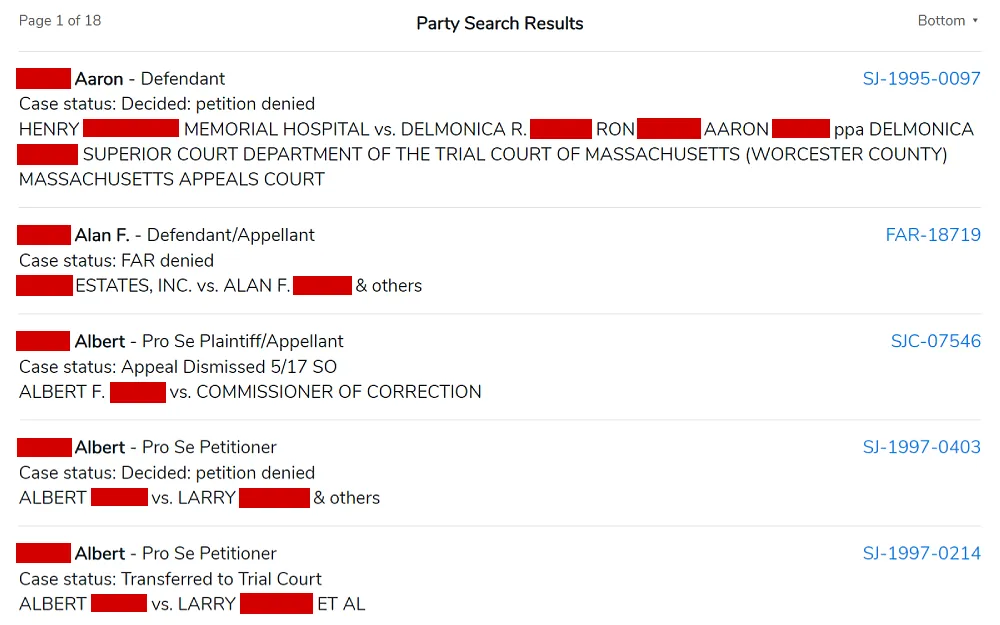 A screenshot showing a party search results from the Commonwealth of Massachusetts Appellate Courts website displaying the complete name, case status and other description of the case.