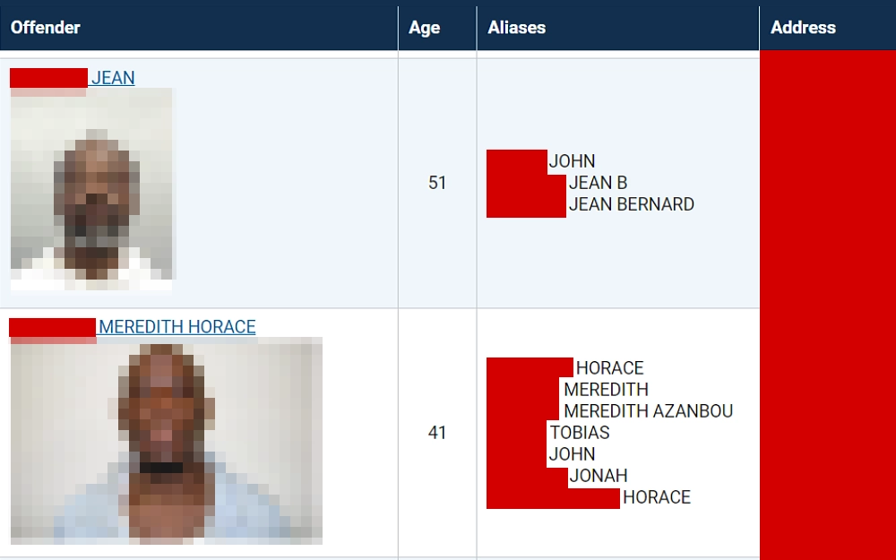 A screenshot of the sex offender search results showing details such as the complete name, age, aliases, address and a mugshot photo preview from the United States Department of Justice National Sex Offender Public website.