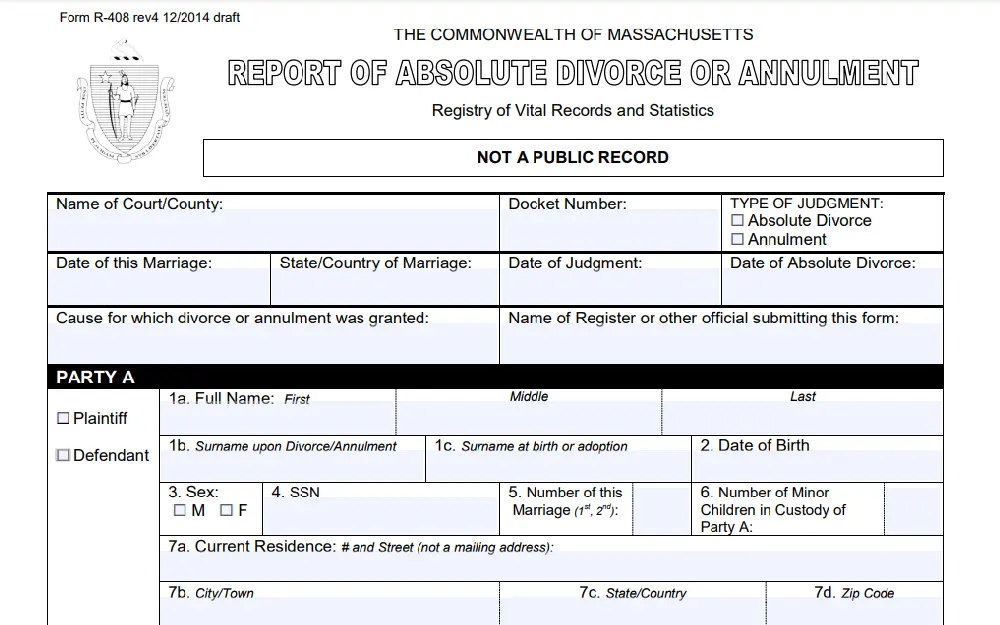A screenshot displaying a report of absolute divorce or annulment from the Commonwealth of Massachusetts, Registry of Vital Records and Statistics website with details to be filled in such as the name of court or county, docket number, date of judgment, and marriage, full name and more.