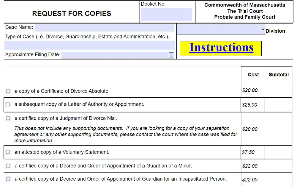 A screenshot of the request for copies form showing the cost and subtotal of the certificate of divorce absolute, letter of authority or appointment, the judgement of divorce nisi, attested copy of a voluntary statement and more. 
