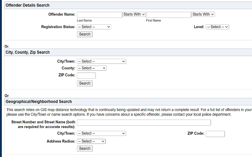 A screenshot shows an offender details search that involves entering the offender's name, registration status, city, town, county zip code, street number, street name, and address radius.